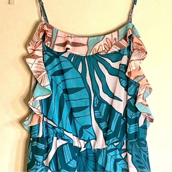 FARM Rio Ruffled Botanical Maxi Dress Contrasting Leaf Print Teal Pink Size LP - Picture 5 of 13